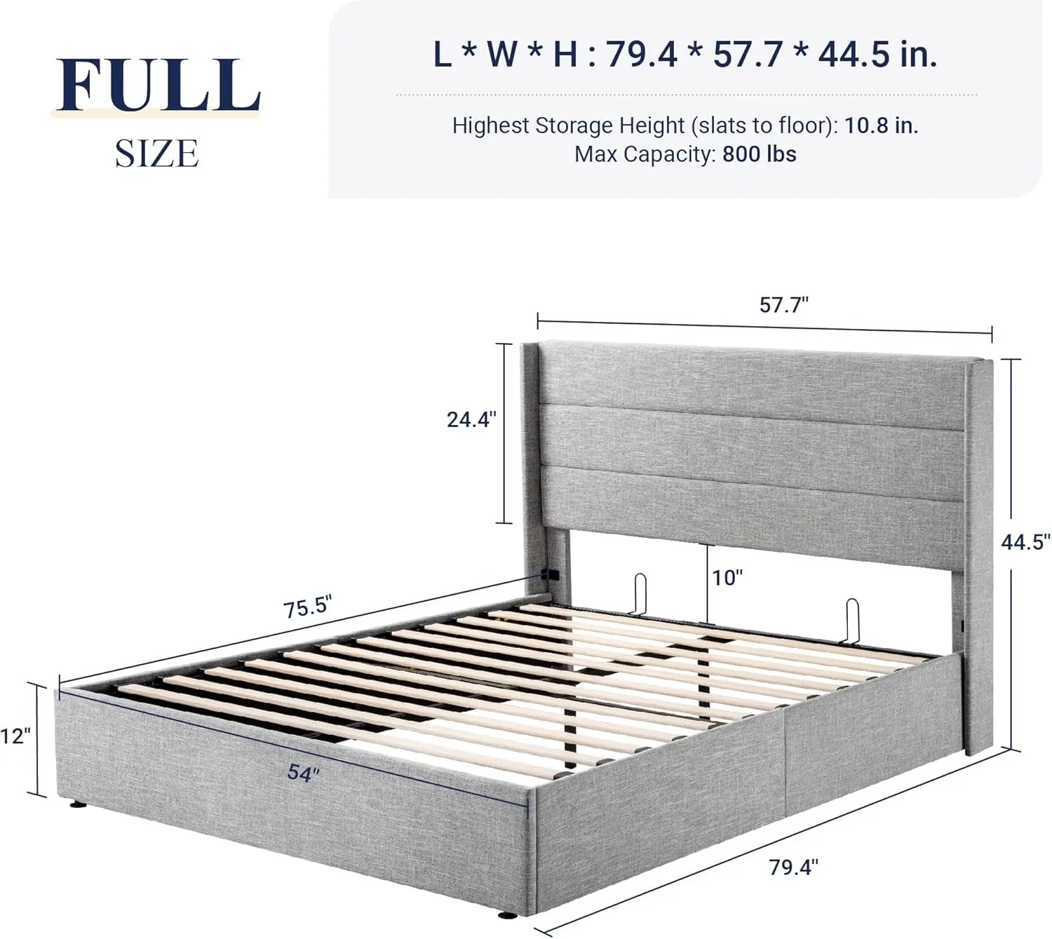 Allewie Queen Size Lift Up Storage Bed Modern Wingback Headboard Hydraulic Support