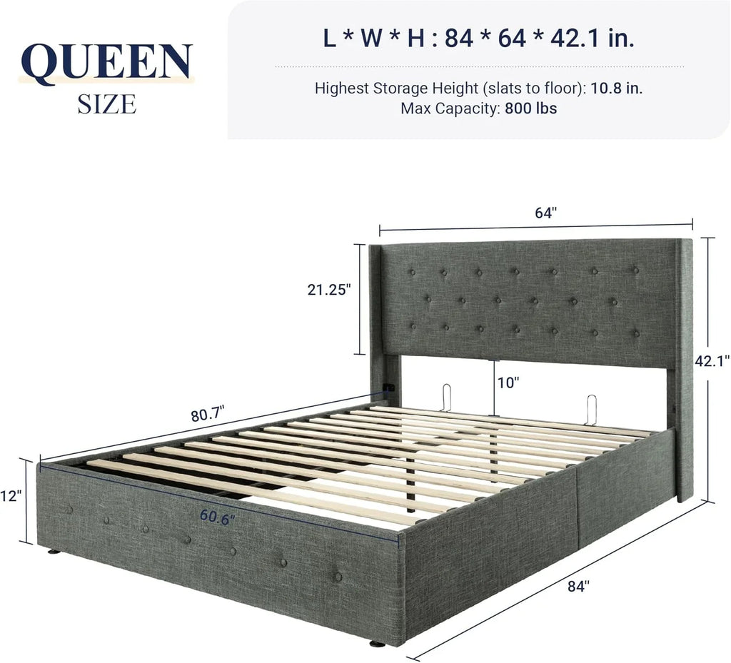 Allewie Queen Size Lift Up Storage Bed Modern Wingback Headboard Hydraulic Support