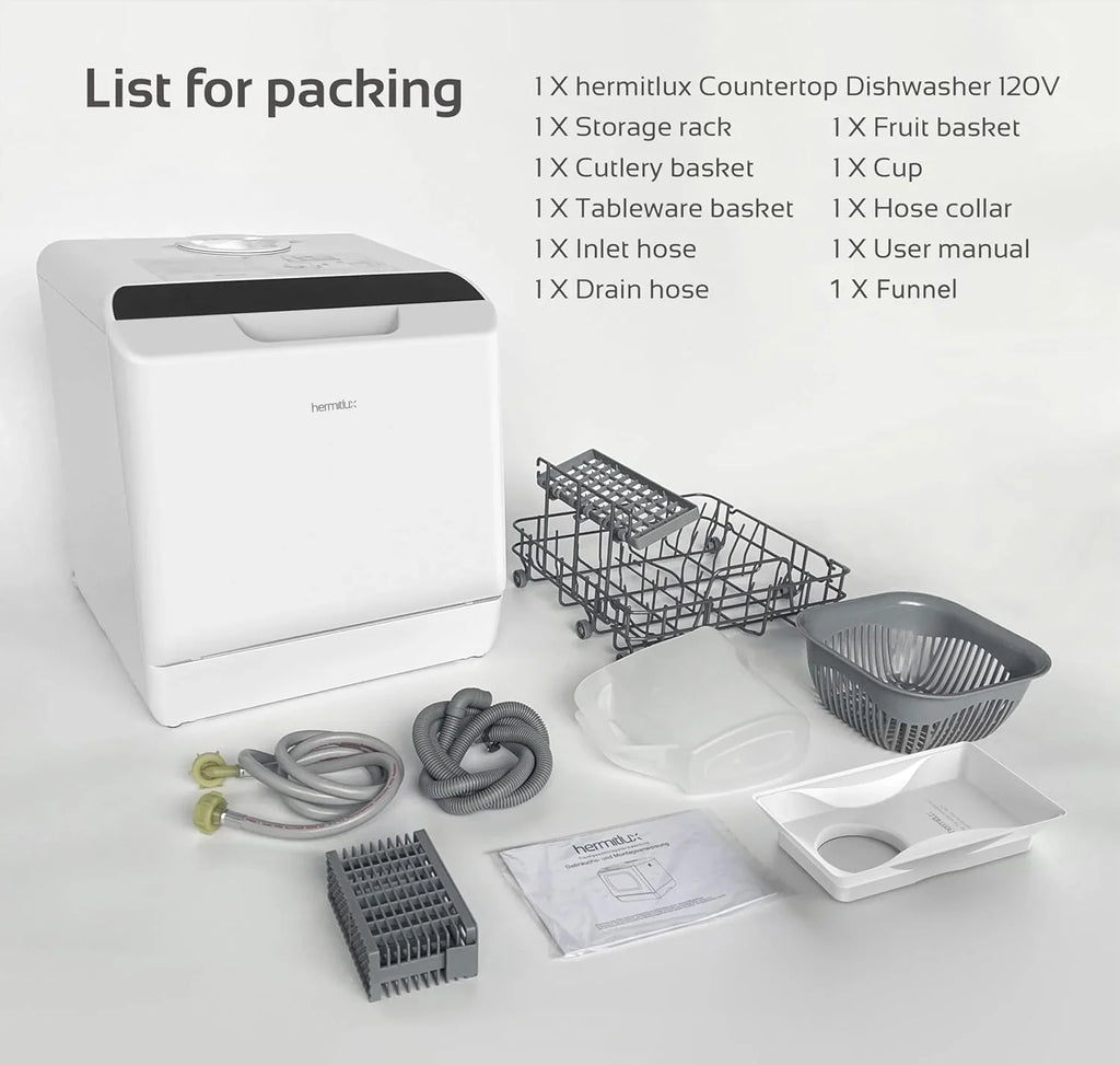 Hermitlux Countertop Dishwasher, 7 Washing Programs Portable Mini Dishwasher with 5-Liter Built-in Water Tank for Apartments & RVs, LED Light, Glass Door, No Hookup Needed