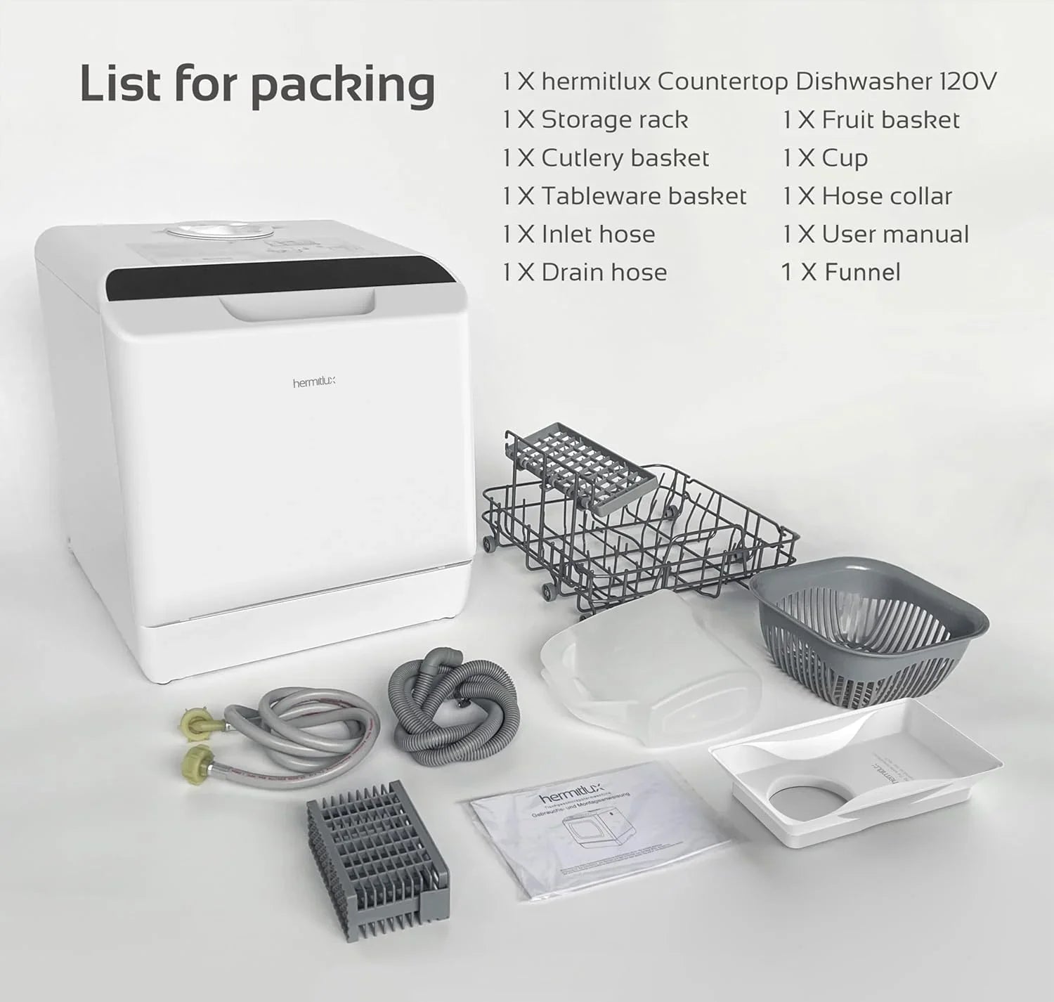 Hermitlux Countertop Dishwasher, 7 Washing Programs Portable Mini Dishwasher with 5-Liter Built-in Water Tank for Apartments & RVs, LED Light, Glass Door, No Hookup Needed