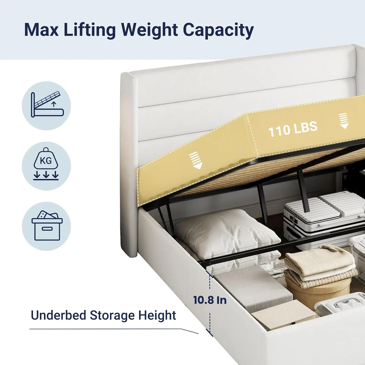 Allewie Queen Size Lift Up Storage Bed Modern Wingback Headboard Hydraulic Support