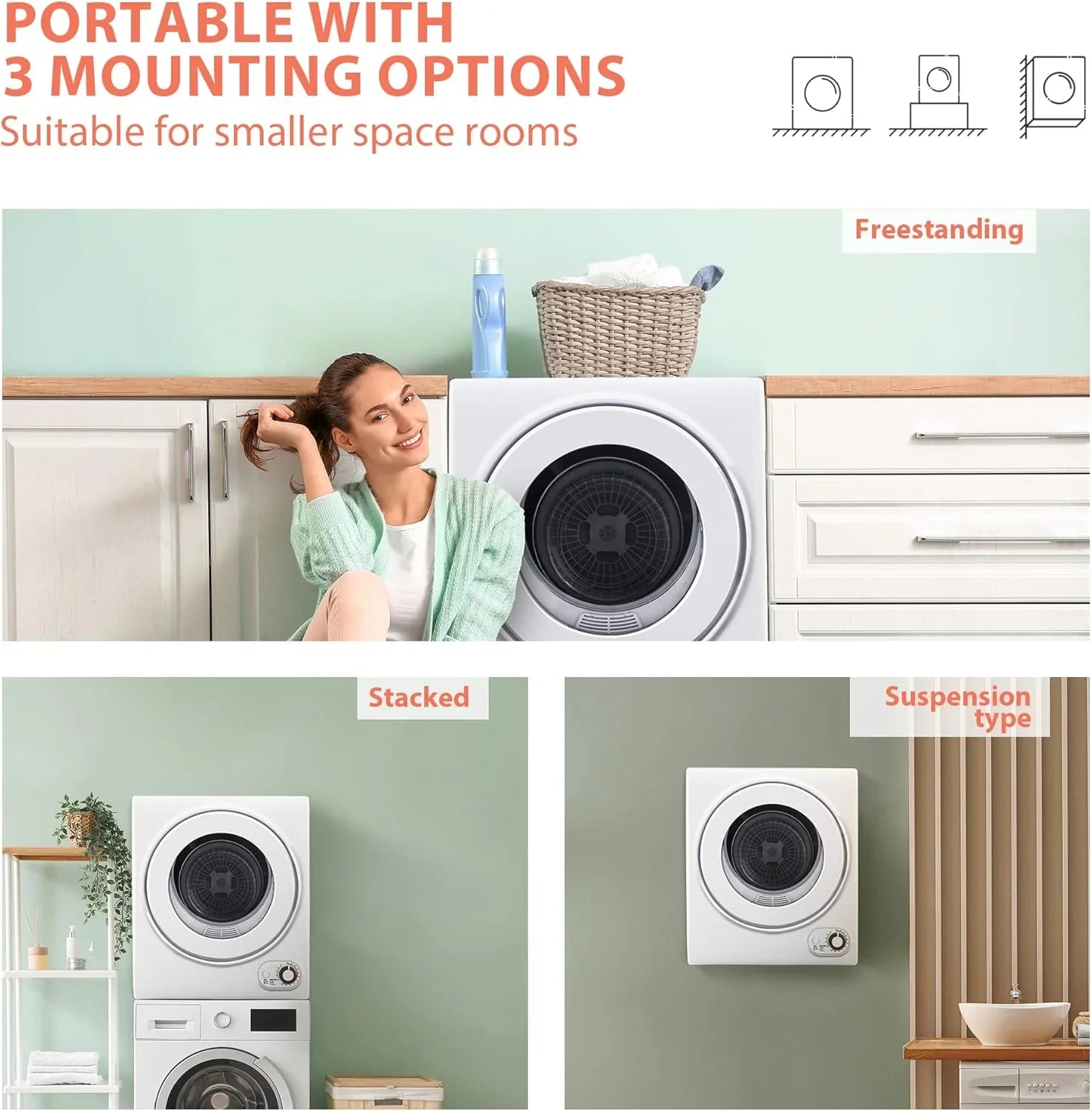 Compact Laundry Dryer, 3.5 cu ft Front Load Stainless Steel Clothes Dryers With Exhaust Pipe, 1500W, LCD Control Panel Four-Function Portable Dryer For Apartments, Home, Dorm, White