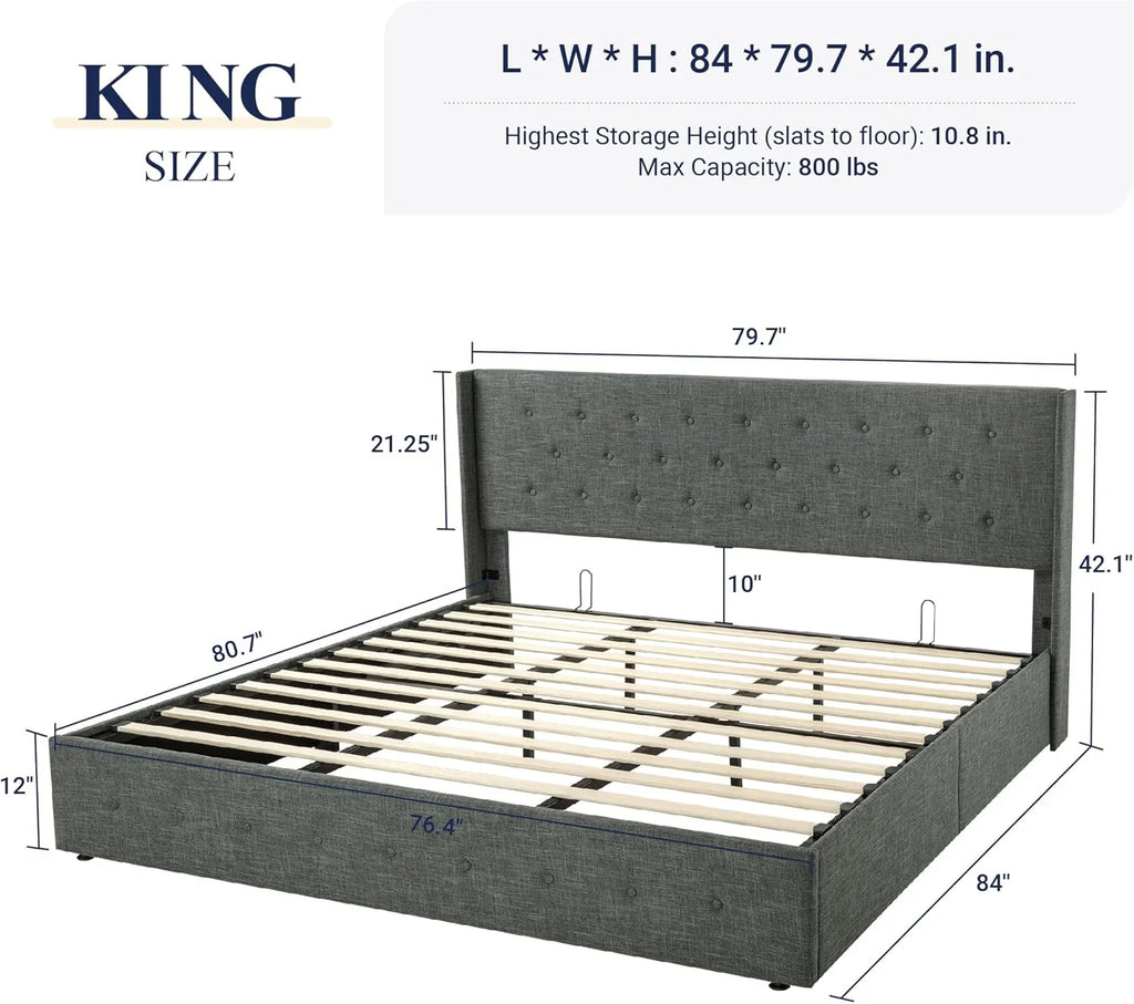 Allewie Queen Size Lift Up Storage Bed Modern Wingback Headboard Hydraulic Support