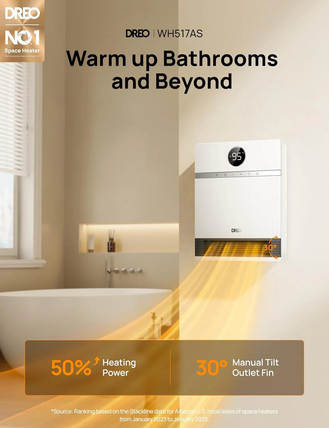 Dreo Smart Wall Heater, IP24 Electric PTC Space Heaters for Indoor Use, 30° Oscillation, Adjustable Thermostat, Remote Control, Works with Alexa, 24H Timer, Easy-mounted for Bedroom, Office, Home