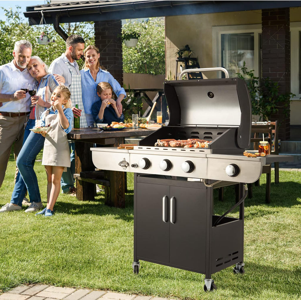 Upgraded 4 Burner BBQ Propane Gas Grill with Cast Iron Grates & Side Stove, 44,000 BTU Stainless Steel Burner Barbecue Grill for Patio, Camping, Outdoor Cooking.