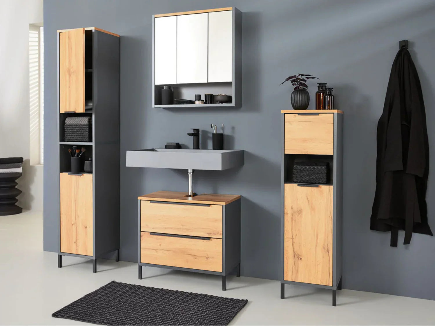 LIVARNO home Armoire latrale de salle de bain San Diego, 34 x 119 x 33 cm, imitation chne/anthracite