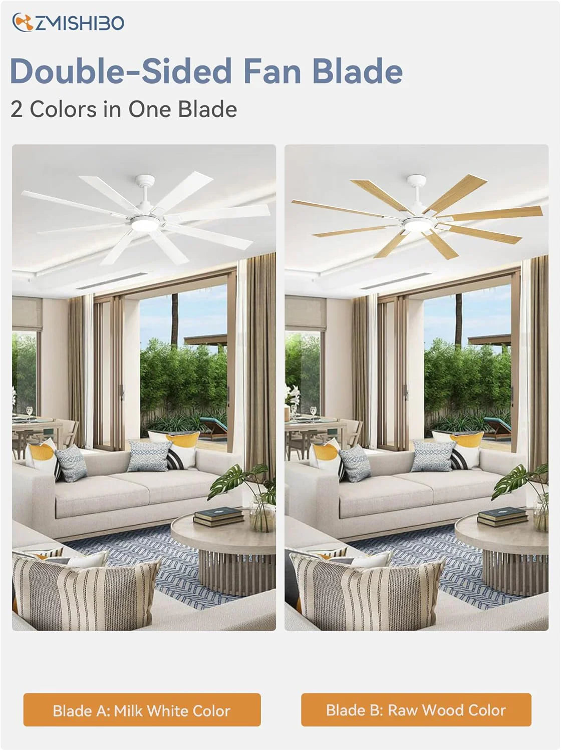 ZMISHIBO 72 inch Large Ceiling Fans with Lights and Remote, Indoor/Outdoor Black Modern Ceiling Fan for Kitchen Living Room Patio, 6 Speed Reversible Quiet DC Motor, 3 CCT, Dual Finish 8 Blades