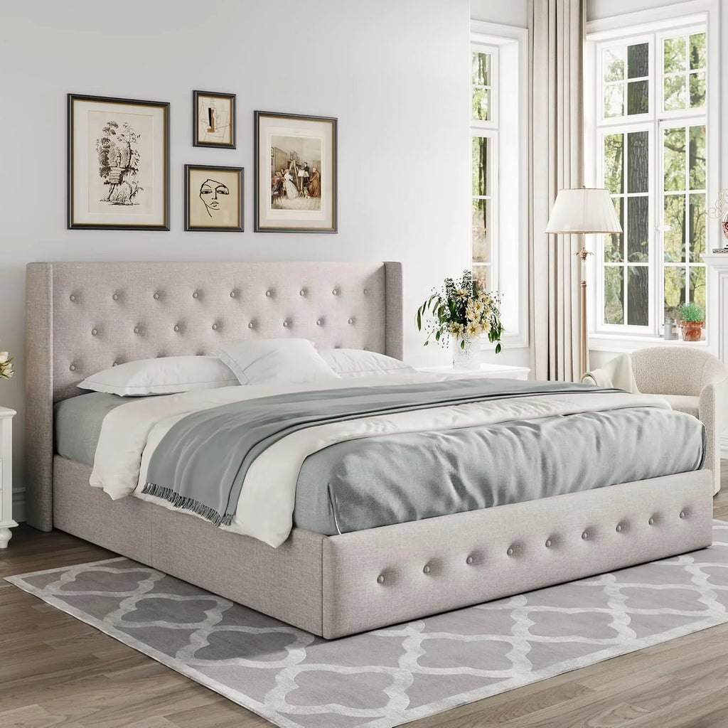Allewie Queen Size Lift Up Storage Bed Modern Wingback Headboard Hydraulic Support
