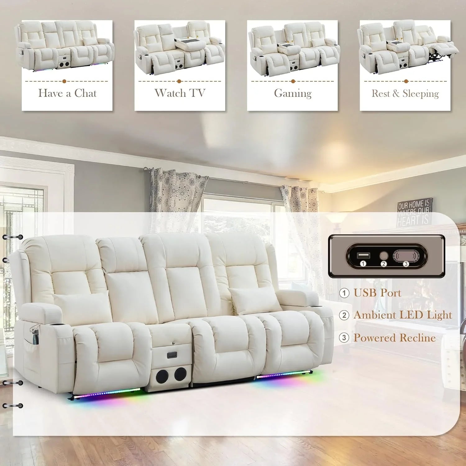 TUNYI Power Loveseat Recliner Sofa with Massage & Heat Home Theater Seating with Console Electric Recliner RV Sofa with USB/Outlet/Storage/Side Pocket/LED Light/Speaker (Brown, Loveseat)