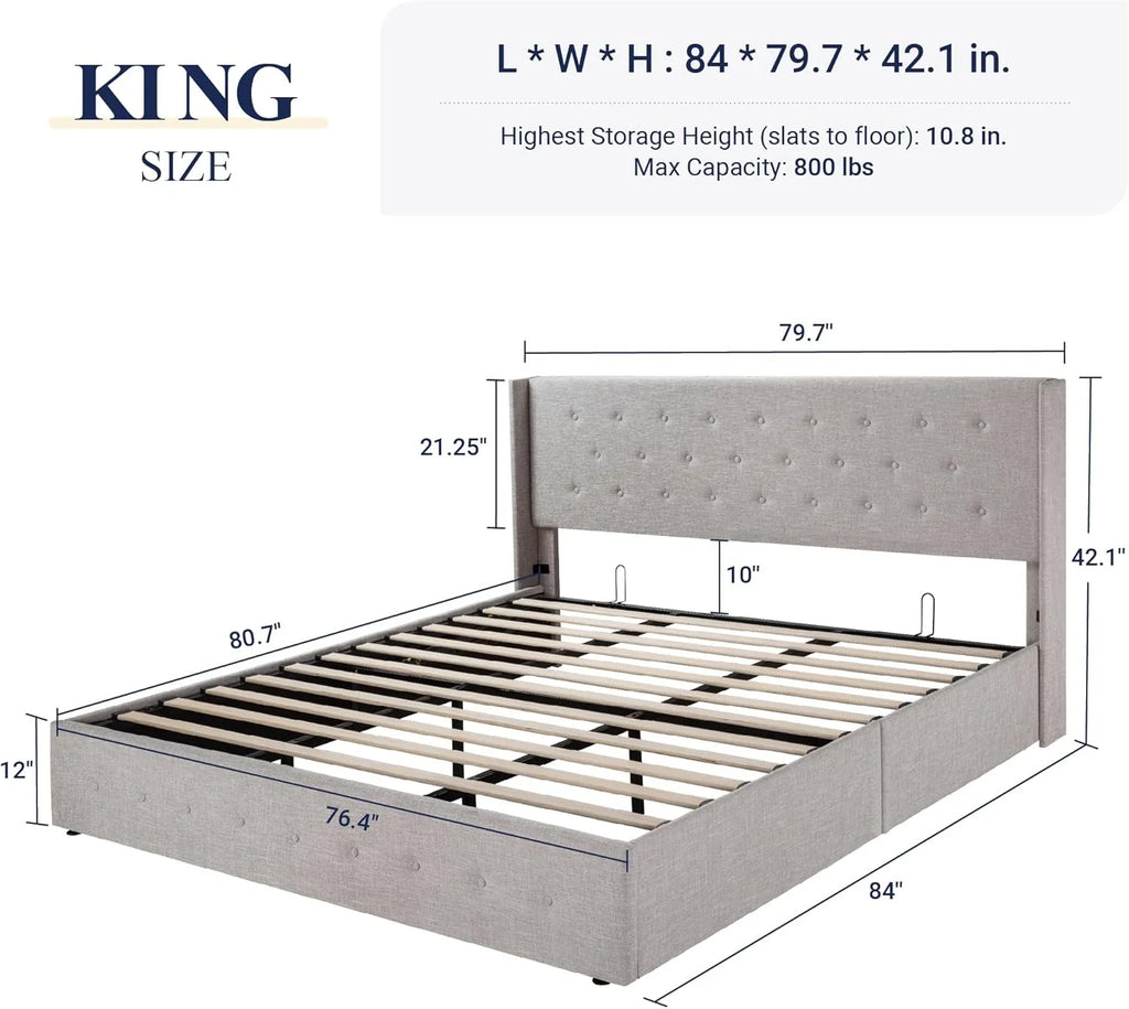 Allewie Queen Size Lift Up Storage Bed Modern Wingback Headboard Hydraulic Support