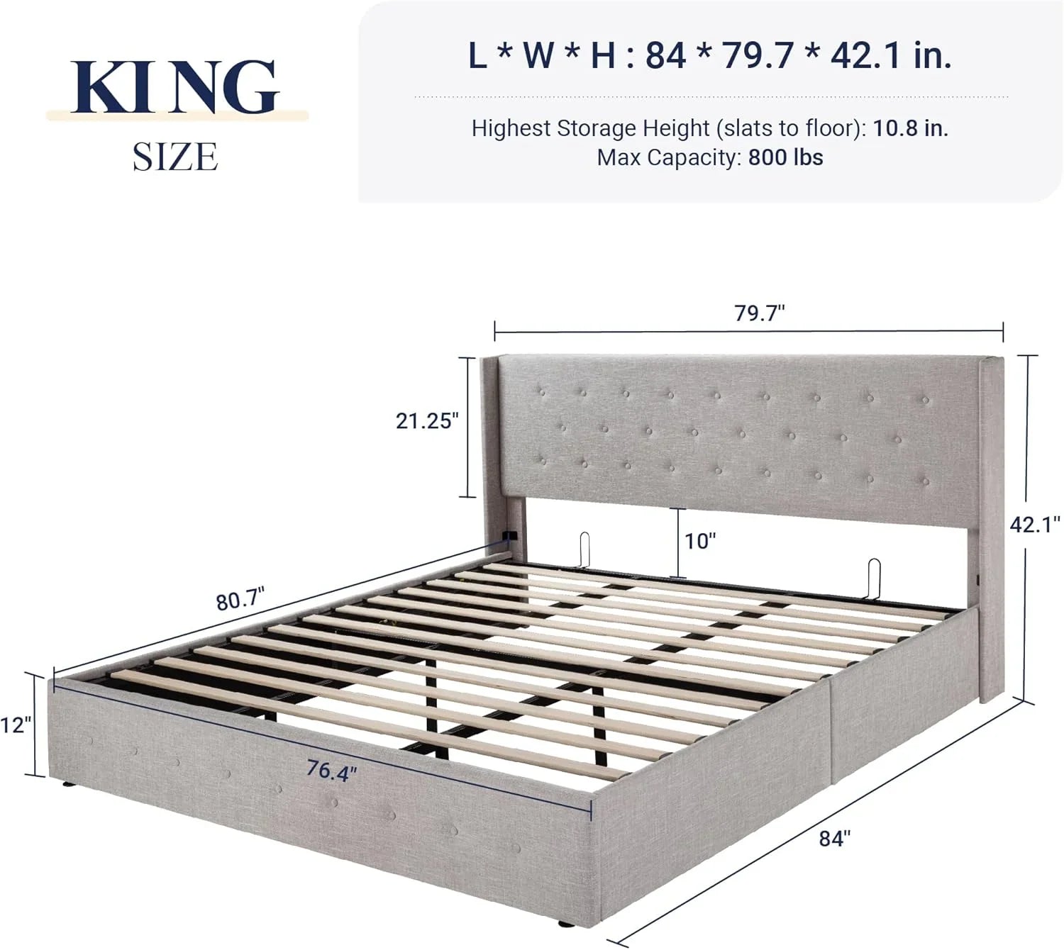 Allewie Queen Size Lift Up Storage Bed Modern Wingback Headboard Hydraulic Support