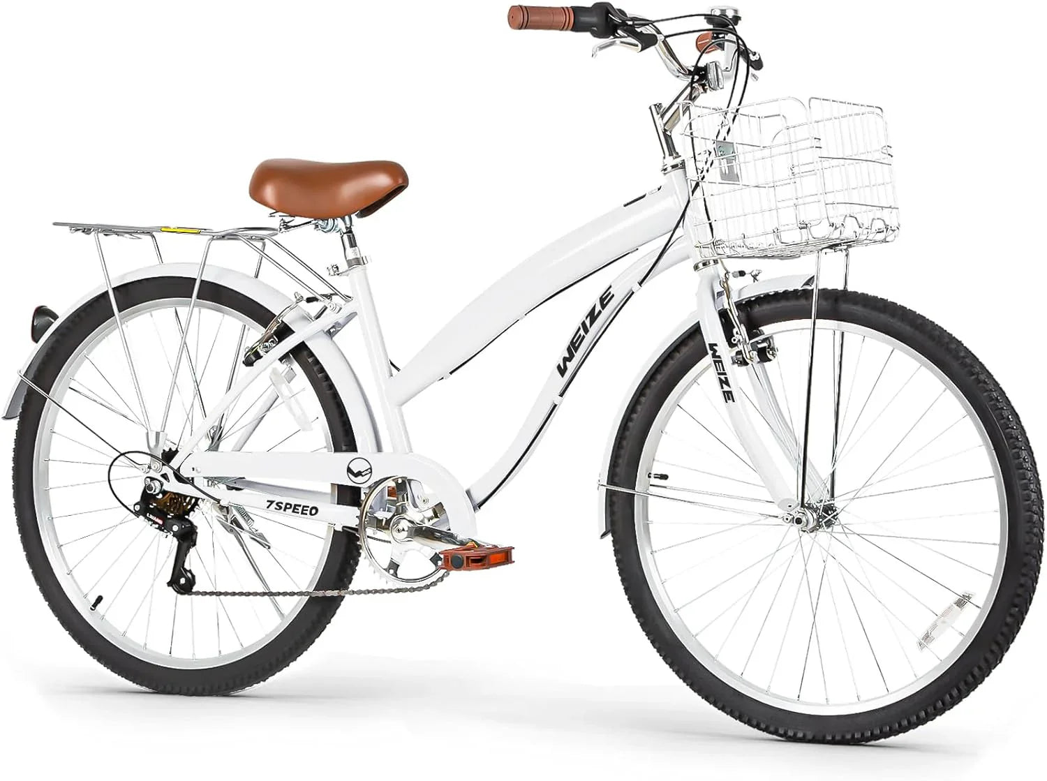 WEIZE Beach Cruiser Bike, 26 inch Commuter Bicycle for Adult Men and Women, 7-Speed/High-Carbon Steel/Front & Rear Fenders, Comfortable City Bikes with Rear Rack or Basket, Ergonomic Upright Design