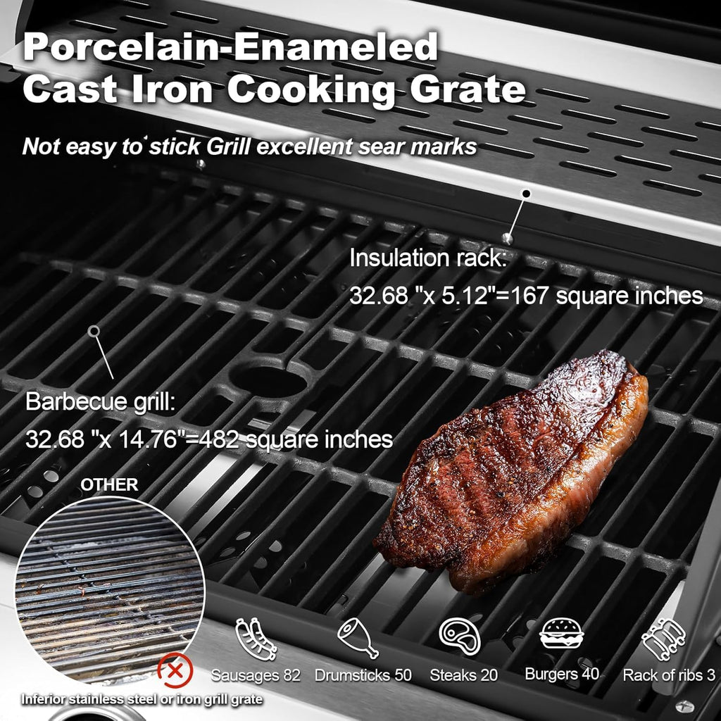 Upgraded 4 Burner BBQ Propane Gas Grill with Cast Iron Grates & Side Stove, 44,000 BTU Stainless Steel Burner Barbecue Grill for Patio, Camping, Outdoor Cooking.