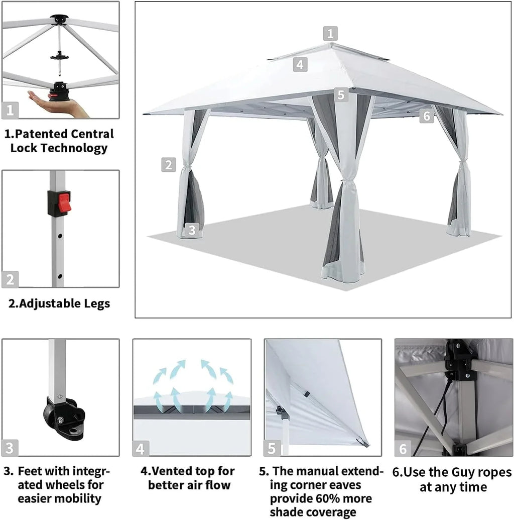 CROWN SHADES 13x13 Pop Up Gazebo, Canopy Tent, Gazebos on Clearance - Outdoor Gazebo for Backyard & Patio Furniture - Carpa Pop Up Tent with Wheeled STO-N-Go Cover Bag (White)