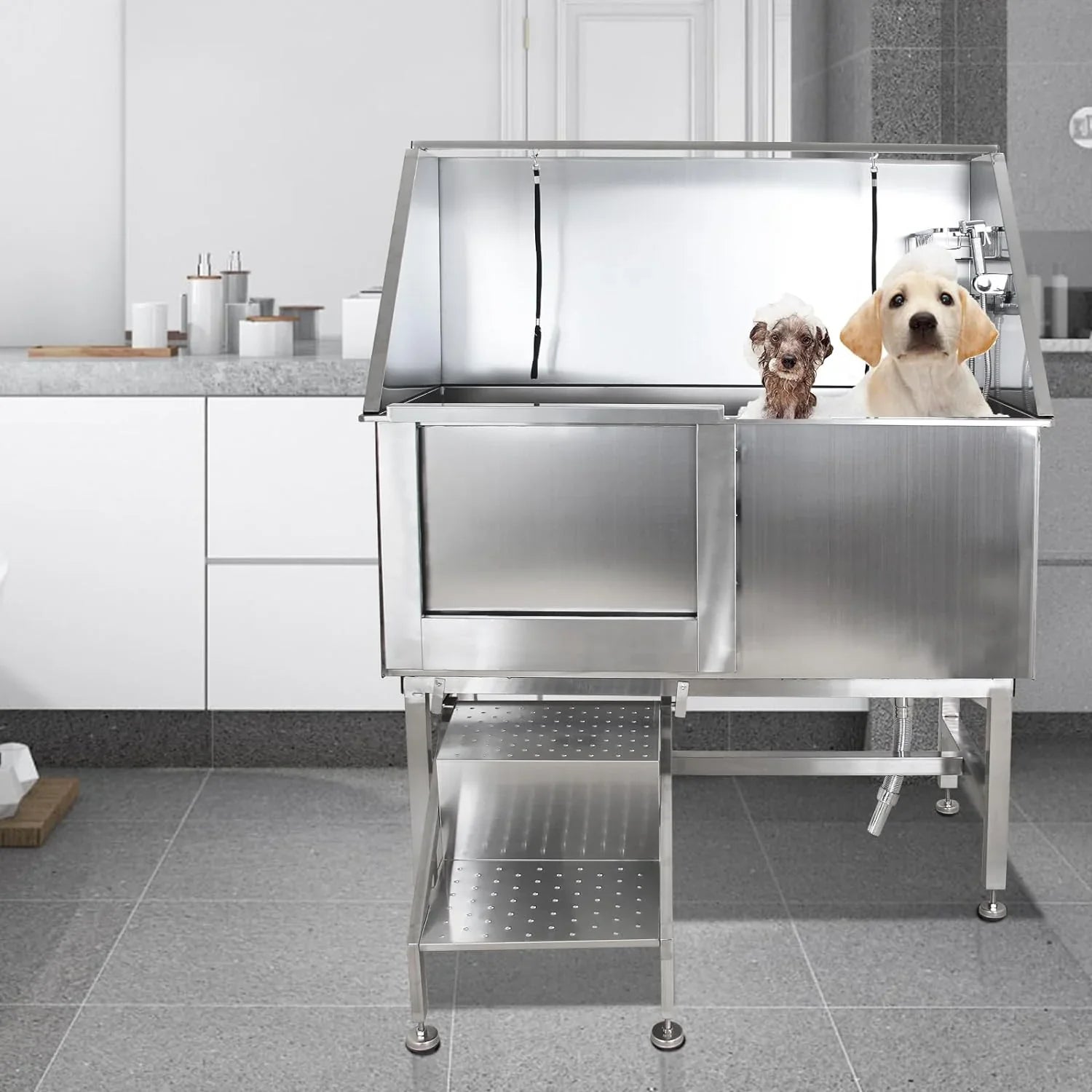 50 Dog Wash Bathtub, Pet Wash Station, Professional Stainless Steel Dog Grooming Tub with Ramp, Faucet, Sprayer, Drain Kit, Right Door