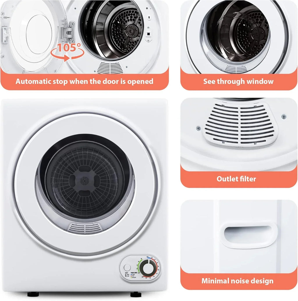 Compact Laundry Dryer, 3.5 cu ft Front Load Stainless Steel Clothes Dryers With Exhaust Pipe, 1500W, LCD Control Panel Four-Function Portable Dryer For Apartments, Home, Dorm, White