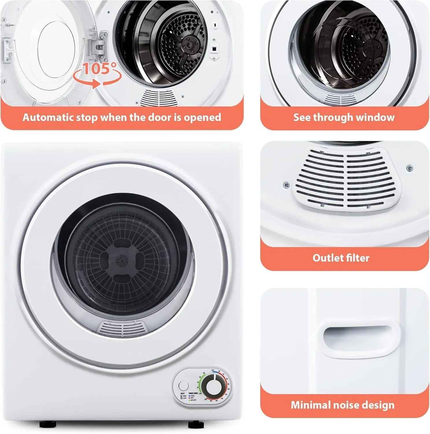 Compact Laundry Dryer, 3.5 cu ft Front Load Stainless Steel Clothes Dryers With Exhaust Pipe, 1500W, LCD Control Panel Four-Function Portable Dryer For Apartments, Home, Dorm, White