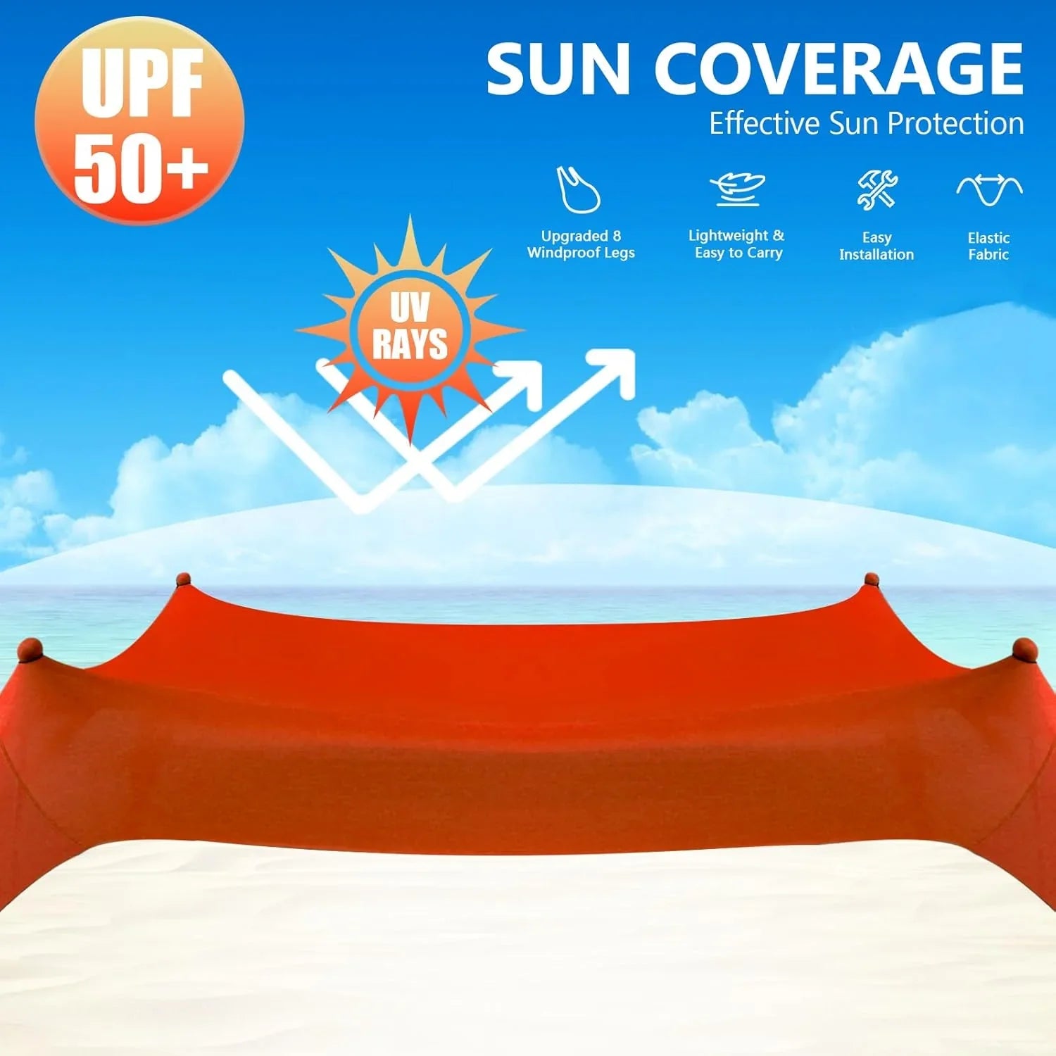 Beach Tent Sun Shelter, 10 x 10 FT Beach Canopy Tent Sun Shade Heavy Duty, UPF50+ Beach Tent Canopy with 8 Sandbags & 4 Stability Poles, Outdoor Beach Shade Canopy for Camping and Fishing, Blue