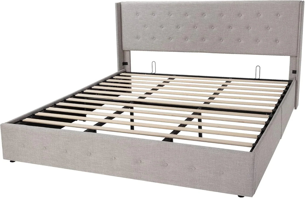 Allewie Queen Size Lift Up Storage Bed Modern Wingback Headboard Hydraulic Support