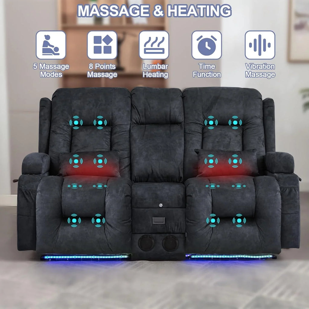 TUNYI Power Loveseat Recliner Sofa with Massage & Heat Home Theater Seating with Console Electric Recliner RV Sofa with USB/Outlet/Storage/Side Pocket/LED Light/Speaker (Brown, Loveseat)