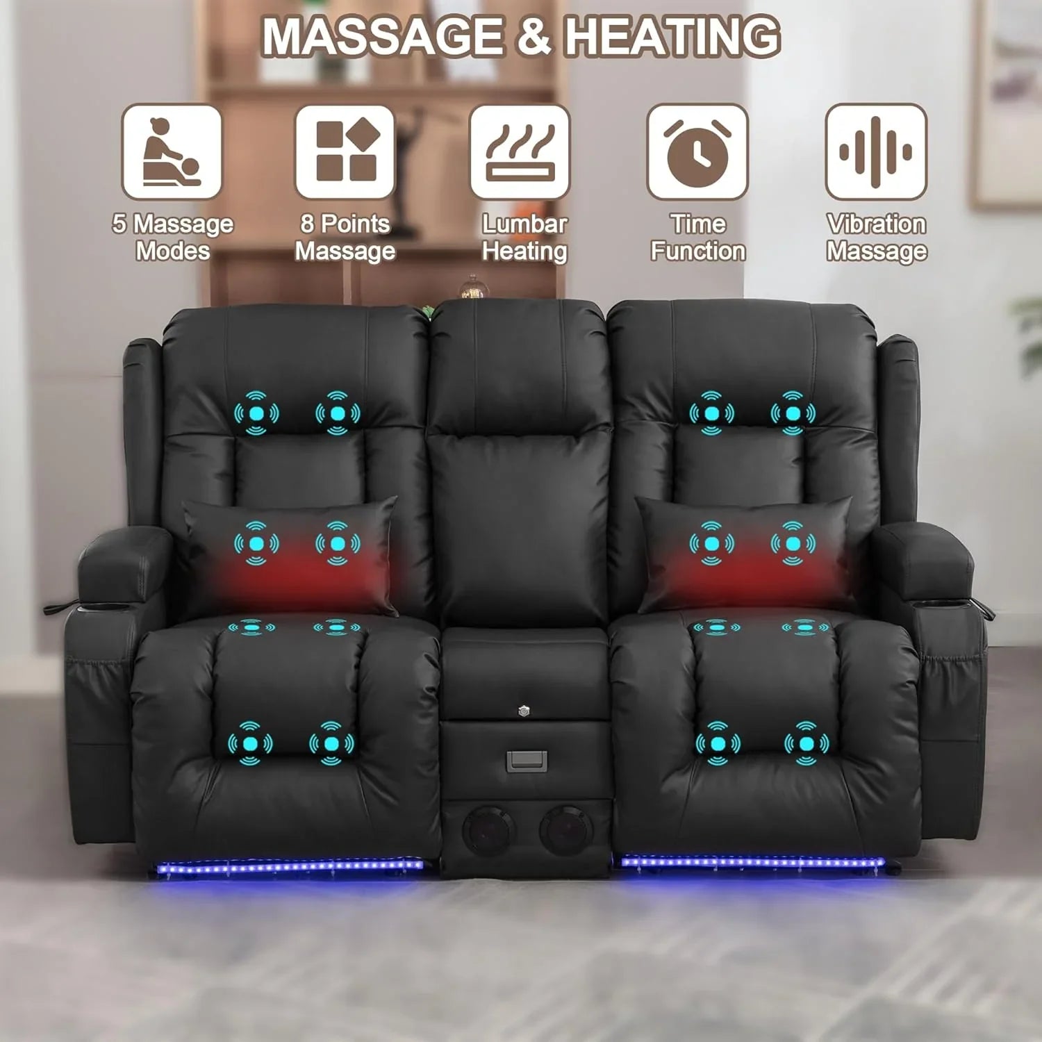 TUNYI Power Loveseat Recliner Sofa with Massage & Heat Home Theater Seating with Console Electric Recliner RV Sofa with USB/Outlet/Storage/Side Pocket/LED Light/Speaker (Brown, Loveseat)