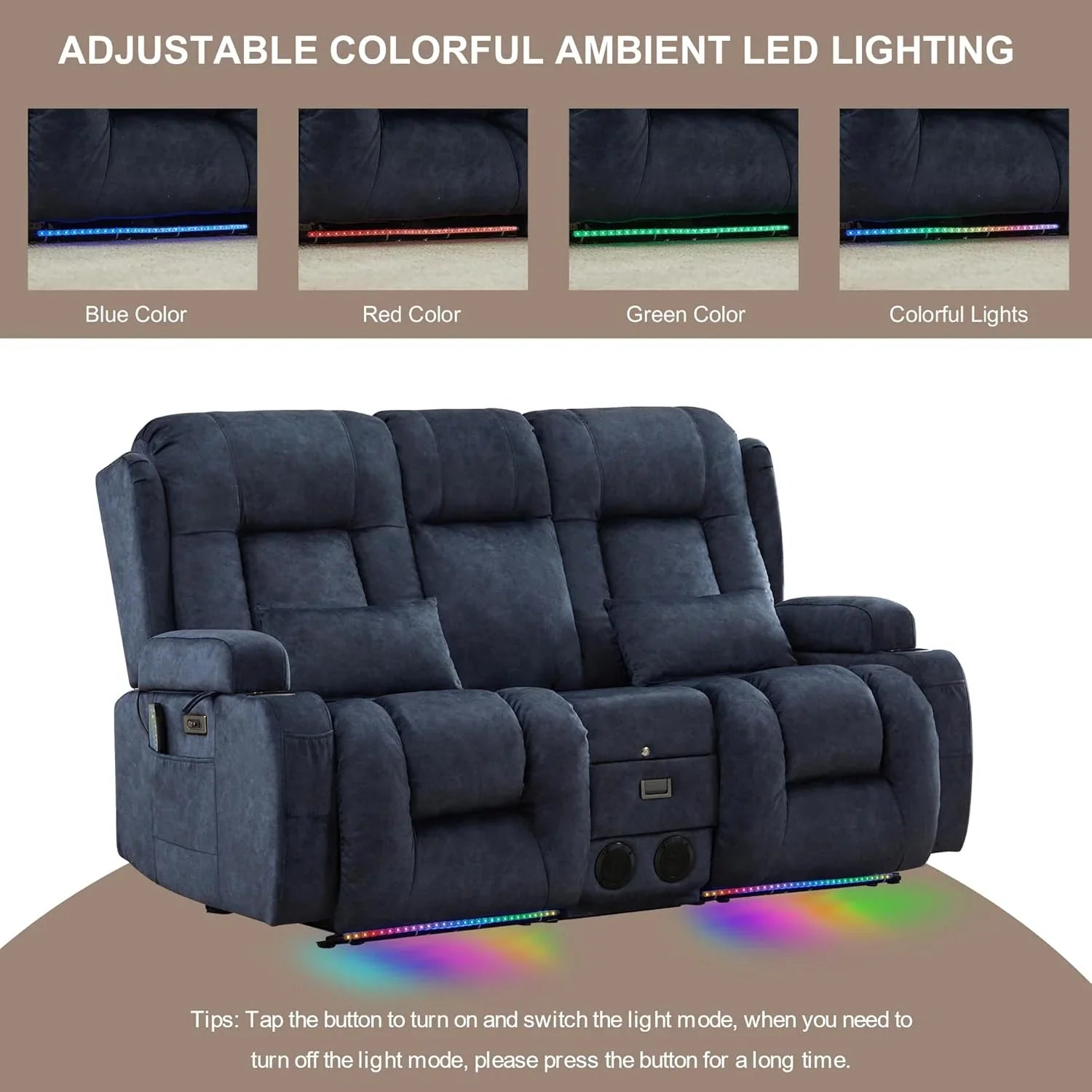 TUNYI Power Loveseat Recliner Sofa with Massage & Heat Home Theater Seating with Console Electric Recliner RV Sofa with USB/Outlet/Storage/Side Pocket/LED Light/Speaker (Brown, Loveseat)
