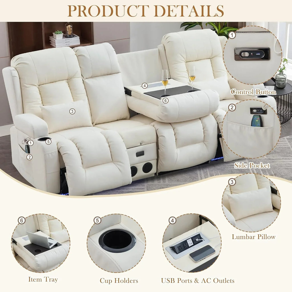 TUNYI Power Loveseat Recliner Sofa with Massage & Heat Home Theater Seating with Console Electric Recliner RV Sofa with USB/Outlet/Storage/Side Pocket/LED Light/Speaker (Brown, Loveseat)