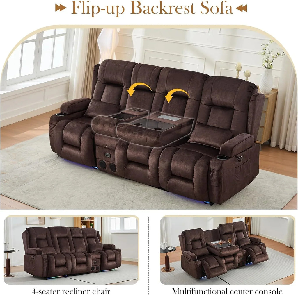 TUNYI Power Loveseat Recliner Sofa with Massage & Heat Home Theater Seating with Console Electric Recliner RV Sofa with USB/Outlet/Storage/Side Pocket/LED Light/Speaker (Brown, Loveseat)