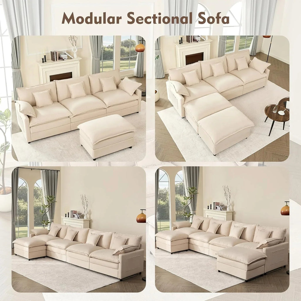 108 U Shaped Couch, Modular Sectional Sofa, 3-Seater Comfy Cloud Couch with Movable Ottoman, Deep Seat Couches for Living Room, Chenille, Slate