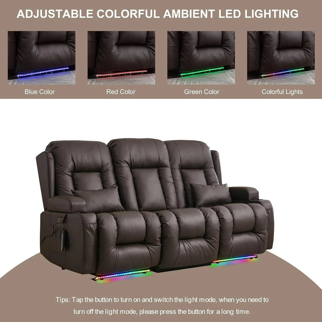 TUNYI Power Loveseat Recliner Sofa with Massage & Heat Home Theater Seating with Console Electric Recliner RV Sofa with USB/Outlet/Storage/Side Pocket/LED Light/Speaker (Brown, Loveseat)
