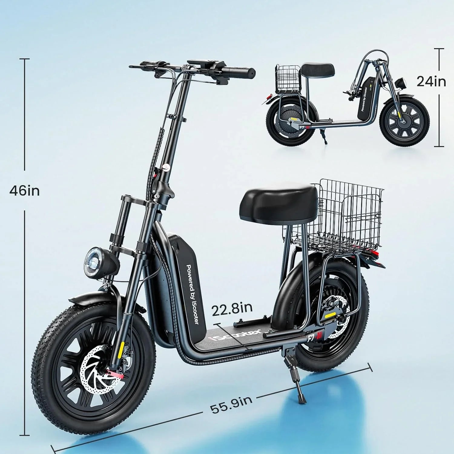 iScooter electric scooter with seat, 37/21 mile range, 28/19/15.6 mph top speed, dual suspension scooter with basket