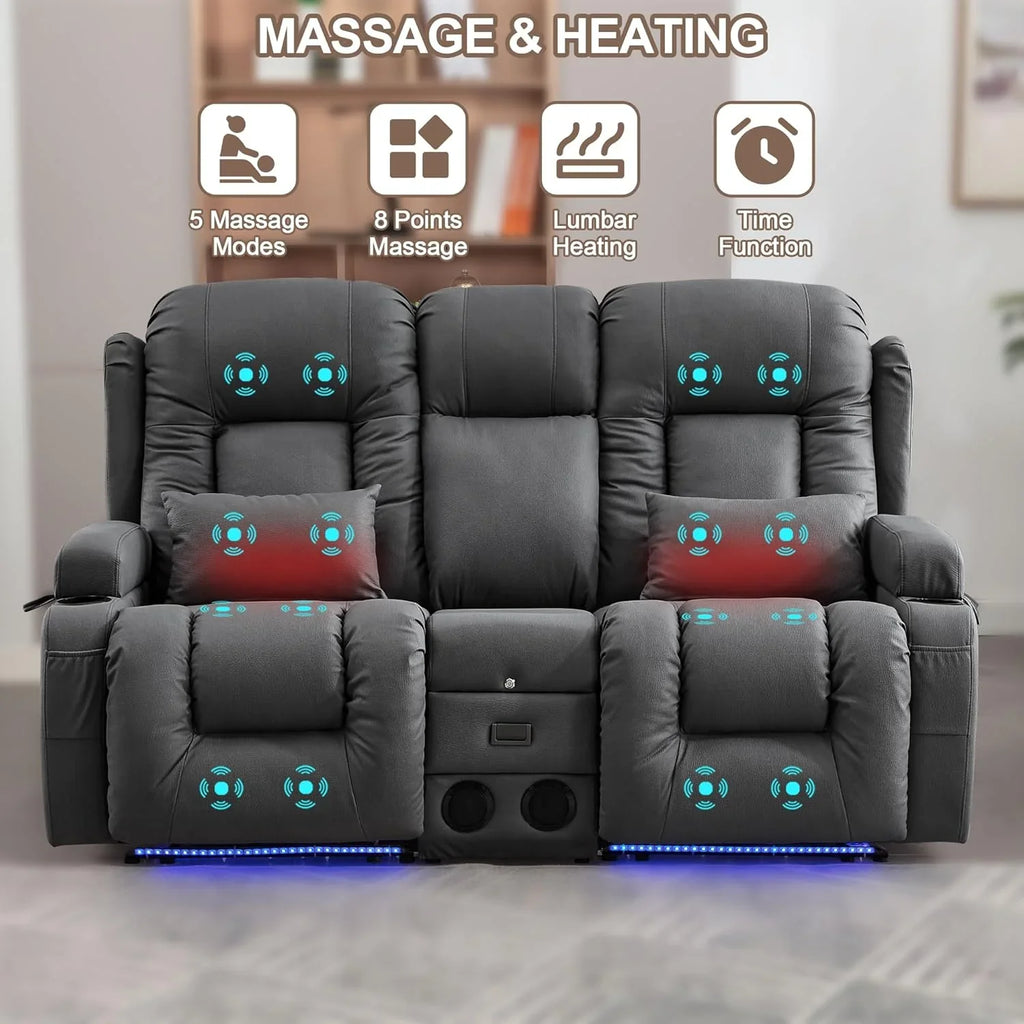TUNYI Power Loveseat Recliner Sofa with Massage & Heat Home Theater Seating with Console Electric Recliner RV Sofa with USB/Outlet/Storage/Side Pocket/LED Light/Speaker (Brown, Loveseat)