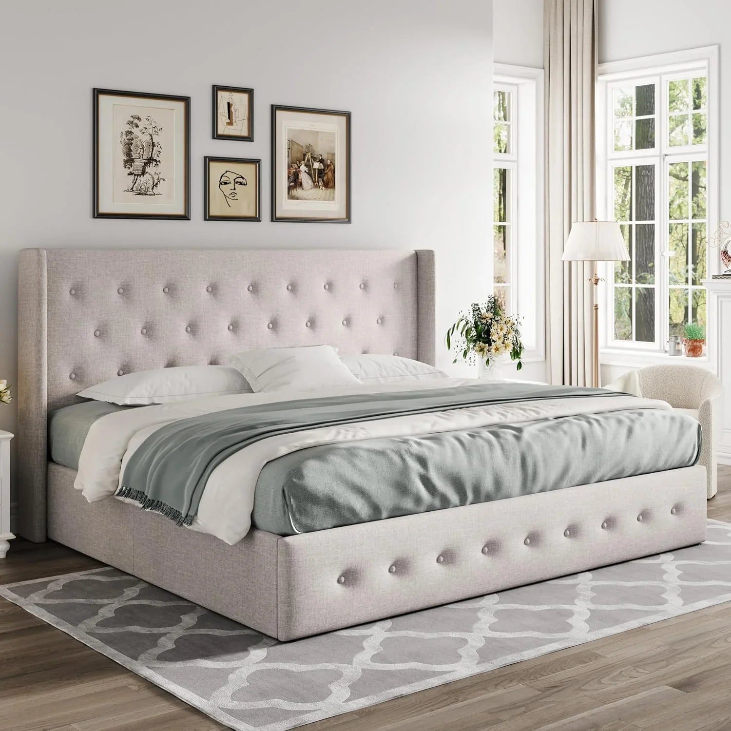 Allewie Queen Size Lift Up Storage Bed Modern Wingback Headboard Hydraulic Support