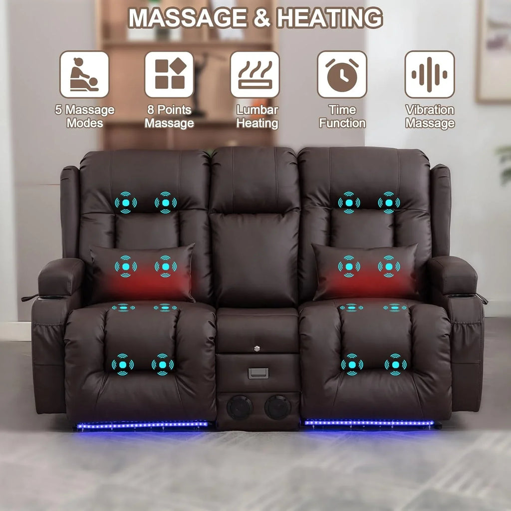 TUNYI Power Loveseat Recliner Sofa with Massage & Heat Home Theater Seating with Console Electric Recliner RV Sofa with USB/Outlet/Storage/Side Pocket/LED Light/Speaker (Brown, Loveseat)