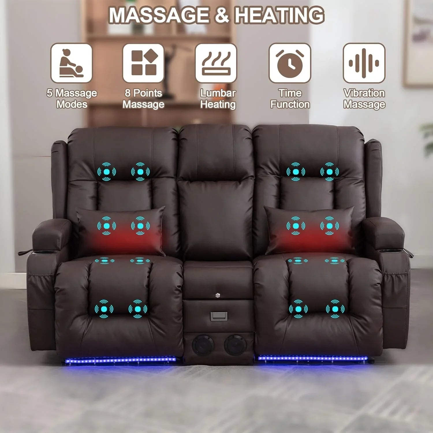 TUNYI Power Loveseat Recliner Sofa with Massage & Heat Home Theater Seating with Console Electric Recliner RV Sofa with USB/Outlet/Storage/Side Pocket/LED Light/Speaker (Brown, Loveseat)