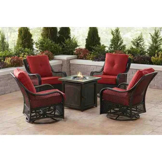 2025 5-Piece Steel Patio Fire Pit Conversation Set with Navy Blue Cushions, Swivel Gliders and Square Fire Pit Table
