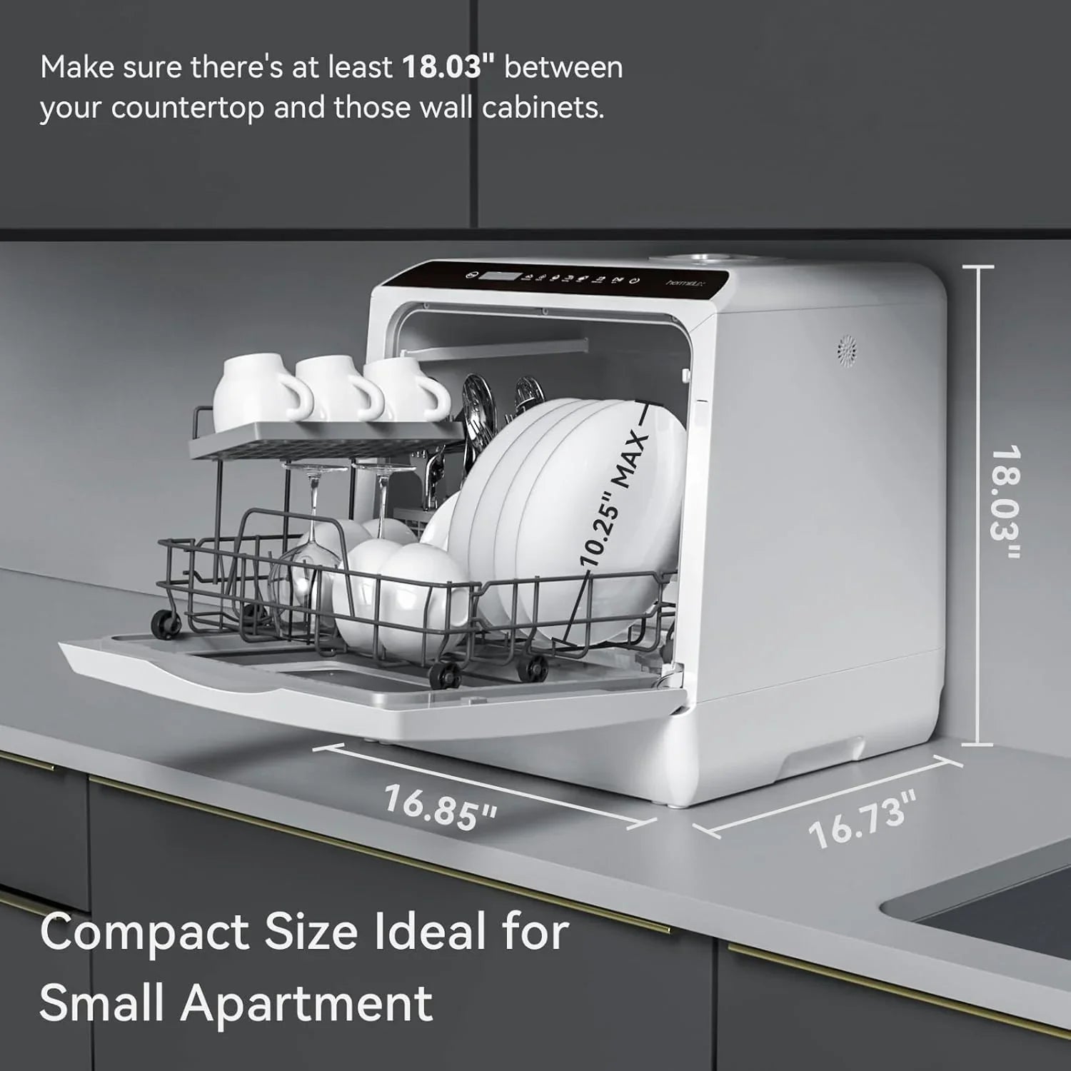 Hermitlux Countertop Dishwasher, 7 Washing Programs Portable Mini Dishwasher with 5-Liter Built-in Water Tank for Apartments & RVs, LED Light, Glass Door, No Hookup Needed