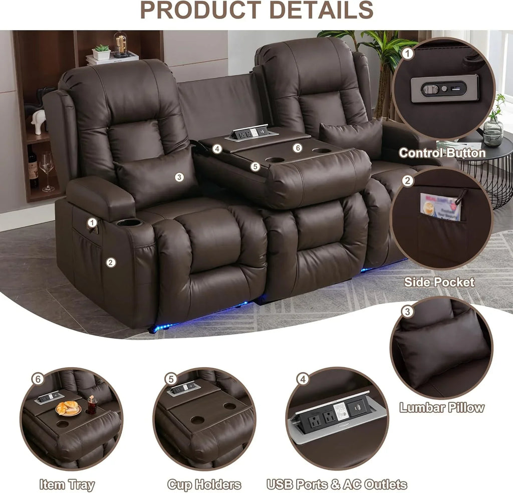 TUNYI Power Loveseat Recliner Sofa with Massage & Heat Home Theater Seating with Console Electric Recliner RV Sofa with USB/Outlet/Storage/Side Pocket/LED Light/Speaker (Brown, Loveseat)