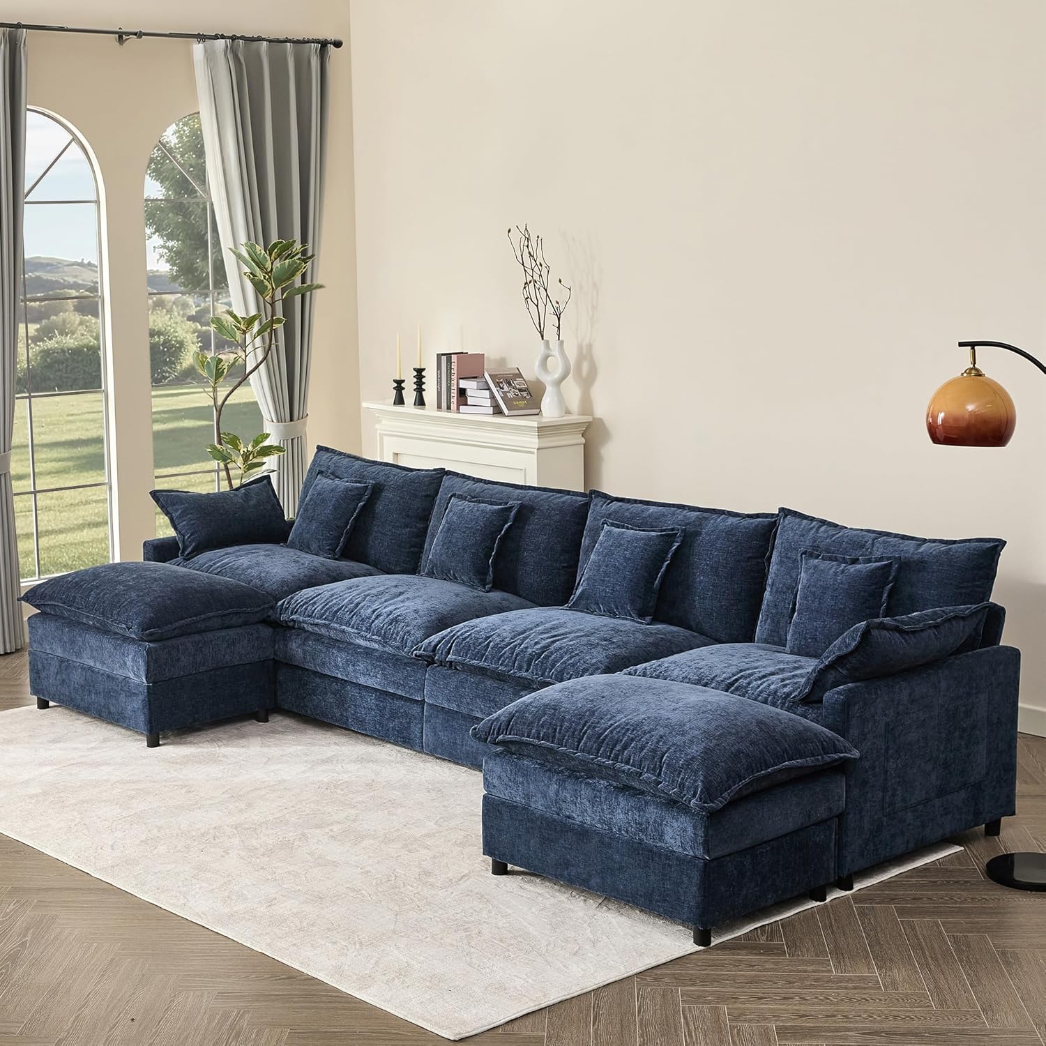 108 U Shaped Couch, Modular Sectional Sofa, 3-Seater Comfy Cloud Couch with Movable Ottoman, Deep Seat Couches for Living Room, Chenille, Slate