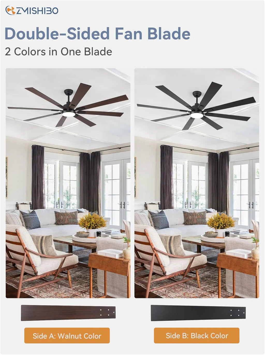 ZMISHIBO 72 inch Large Ceiling Fans with Lights and Remote, Indoor/Outdoor Black Modern Ceiling Fan for Kitchen Living Room Patio, 6 Speed Reversible Quiet DC Motor, 3 CCT, Dual Finish 8 Blades