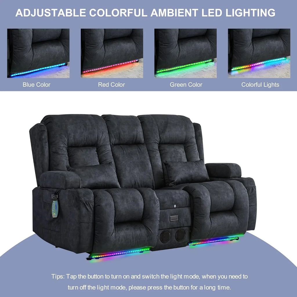 TUNYI Power Loveseat Recliner Sofa with Massage & Heat Home Theater Seating with Console Electric Recliner RV Sofa with USB/Outlet/Storage/Side Pocket/LED Light/Speaker (Brown, Loveseat)
