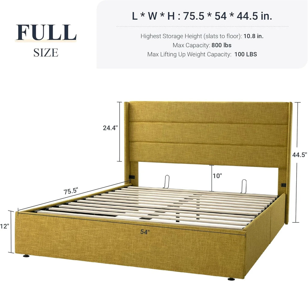 Allewie Queen Size Lift Up Storage Bed Modern Wingback Headboard Hydraulic Support