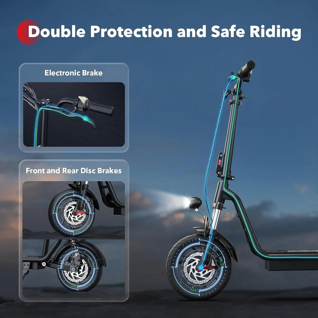 iScooter electric scooter with seat, 37/21 mile range, 28/19/15.6 mph top speed, dual suspension scooter with basket