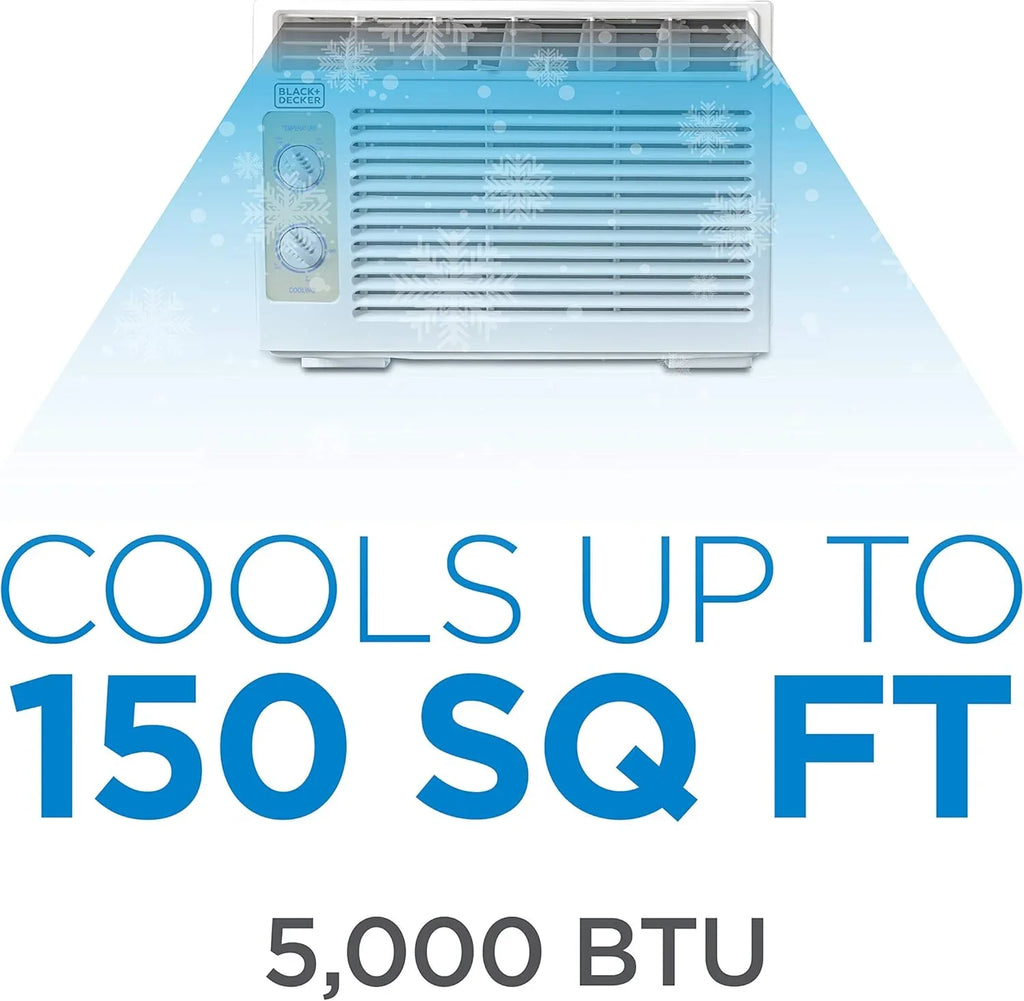 BLACK+DECKER Window Air Conditioner 5000 BTU, Cools Up to 150 Square Feet, AC Unit with Mechanical Controls, Manual Fan Only and Cool Settings, BD05MWT6, White