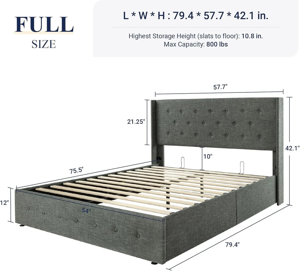 Allewie Queen Size Lift Up Storage Bed Modern Wingback Headboard Hydraulic Support