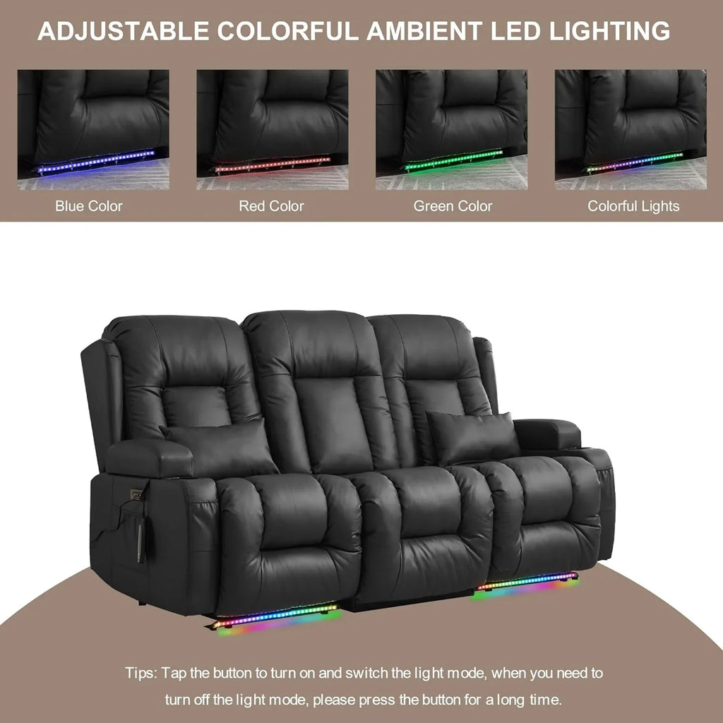 TUNYI Power Loveseat Recliner Sofa with Massage & Heat Home Theater Seating with Console Electric Recliner RV Sofa with USB/Outlet/Storage/Side Pocket/LED Light/Speaker (Brown, Loveseat)