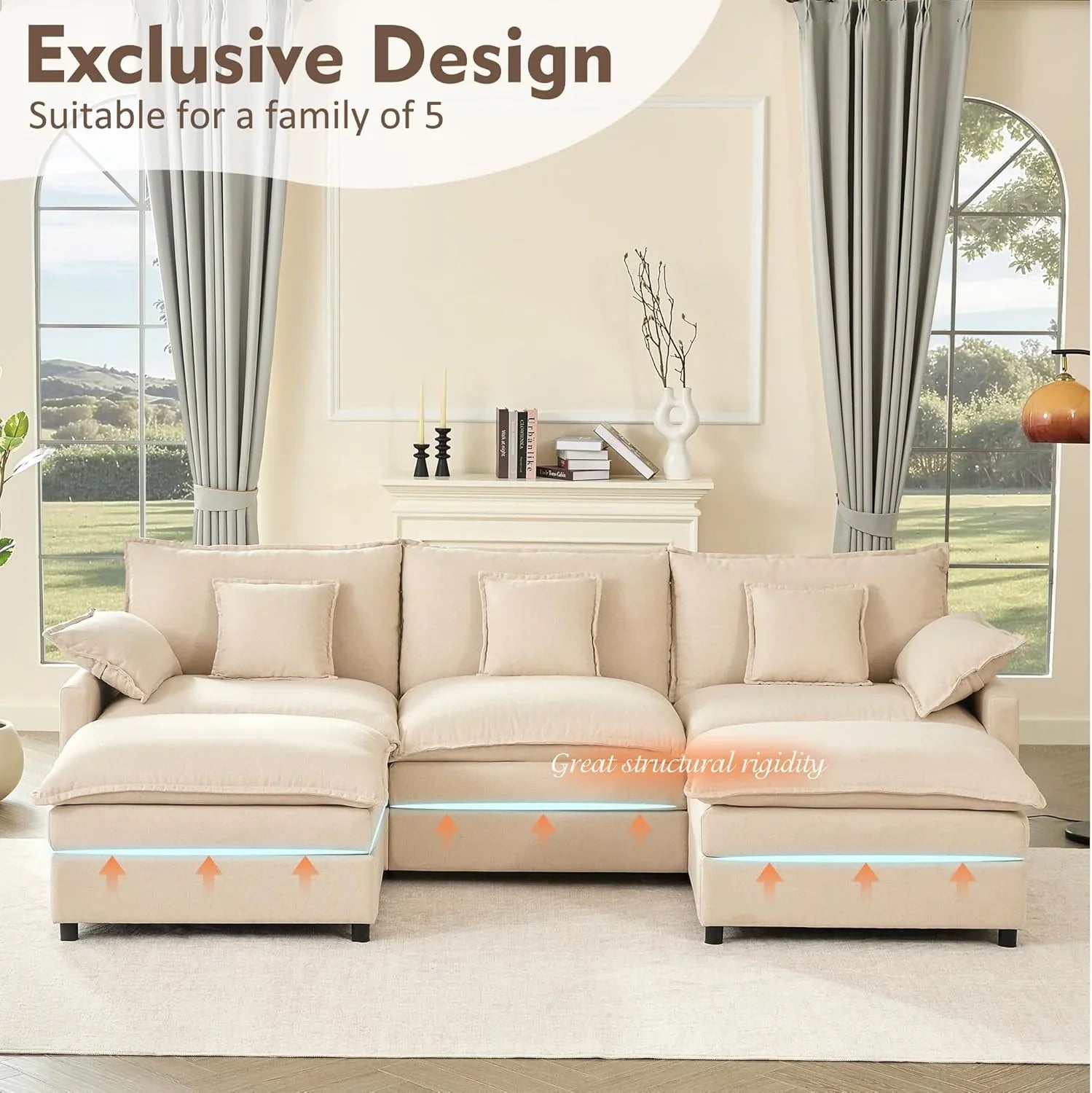 108 U Shaped Couch, Modular Sectional Sofa, 3-Seater Comfy Cloud Couch with Movable Ottoman, Deep Seat Couches for Living Room, Chenille, Slate