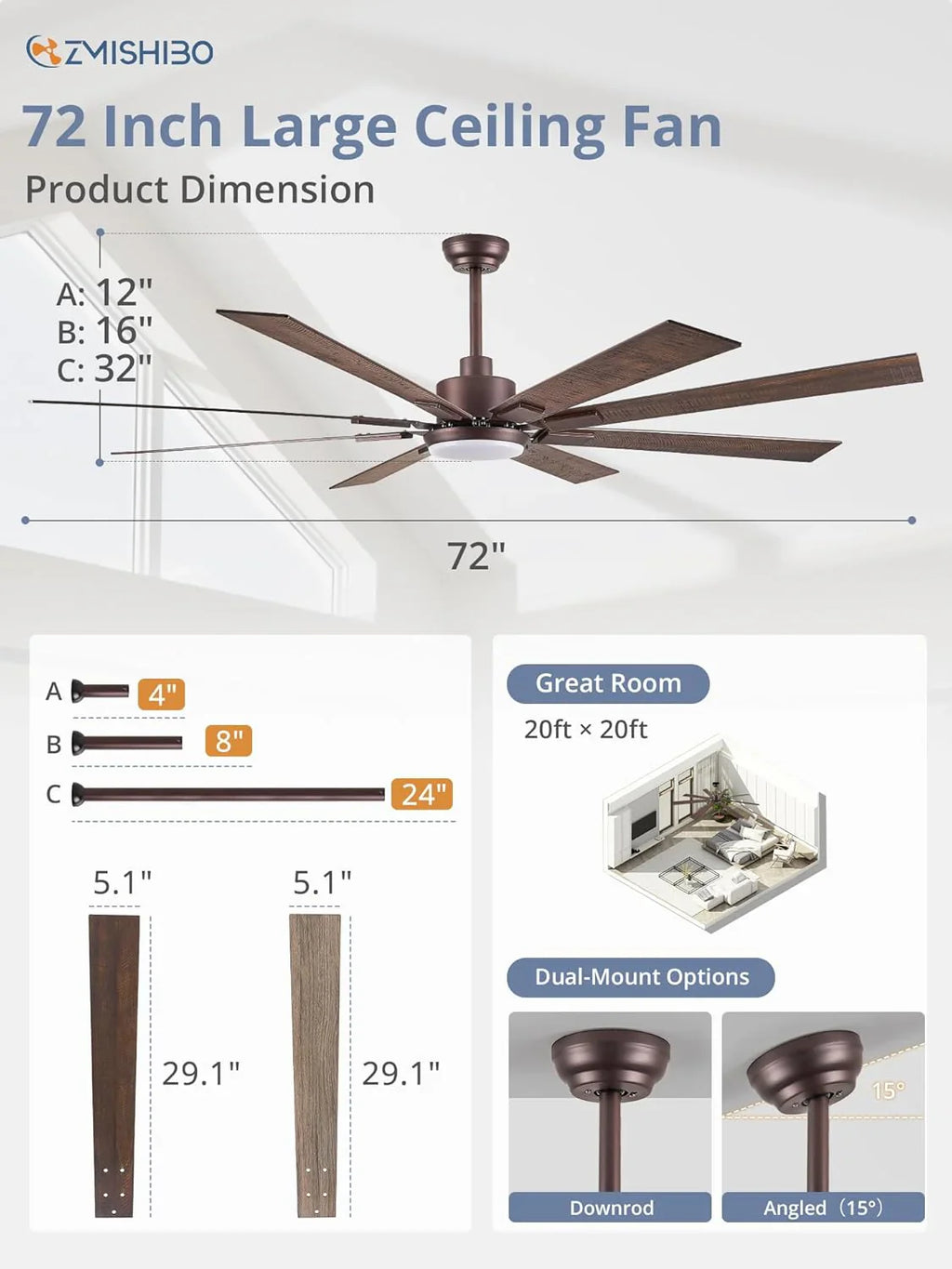 ZMISHIBO 72 inch Large Ceiling Fans with Lights and Remote, Indoor/Outdoor Black Modern Ceiling Fan for Kitchen Living Room Patio, 6 Speed Reversible Quiet DC Motor, 3 CCT, Dual Finish 8 Blades