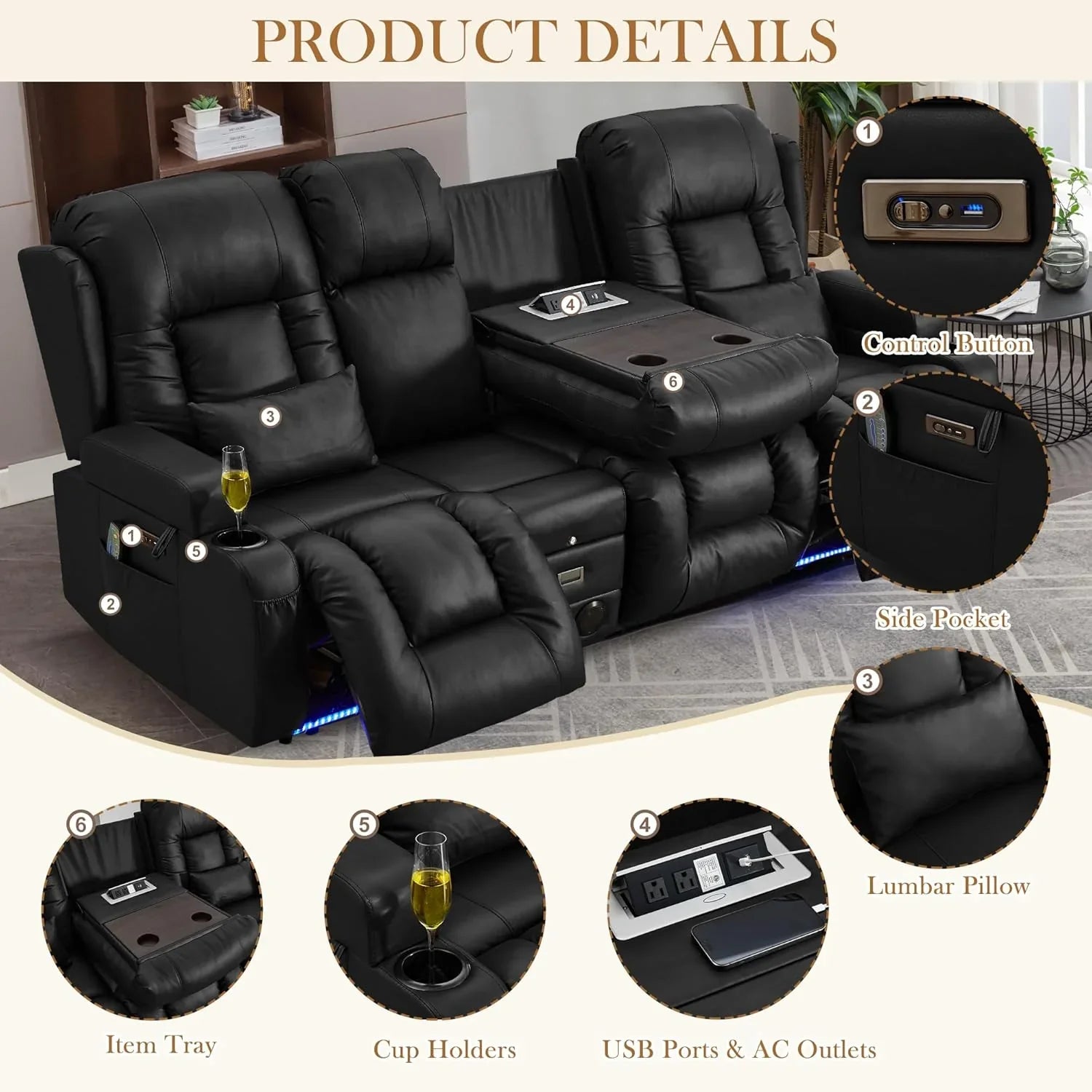 TUNYI Power Loveseat Recliner Sofa with Massage & Heat Home Theater Seating with Console Electric Recliner RV Sofa with USB/Outlet/Storage/Side Pocket/LED Light/Speaker (Brown, Loveseat)