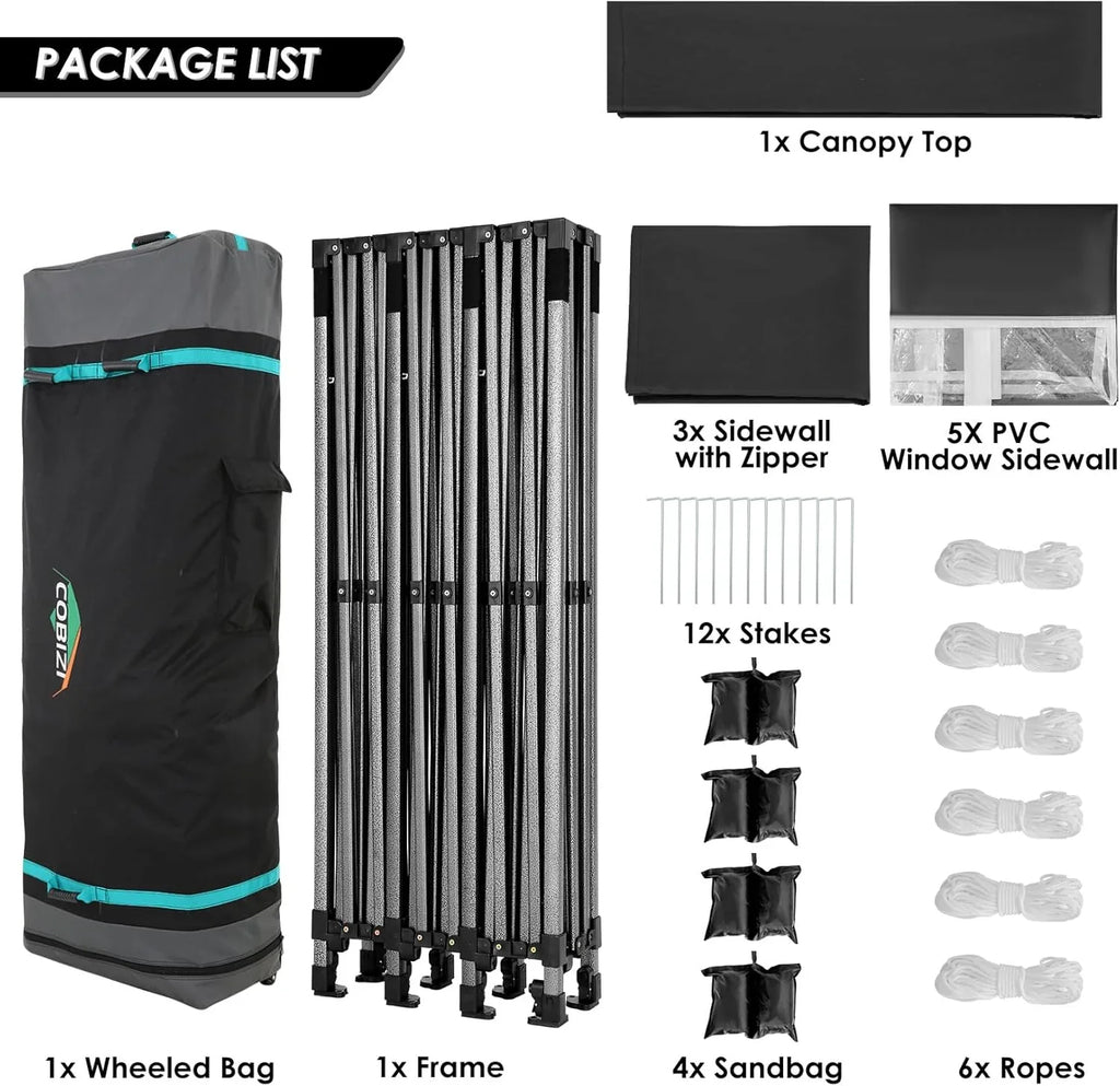 COBIZI 10x20 Heavy Duty Pop up Canopy Tent with 6 sidewalls Easy Up Commercial Outdoor Canopy Wedding Party Tents for Parties All Season Wind & Waterproof Gazebo with Roller Bag,Black(Frame Thickened)